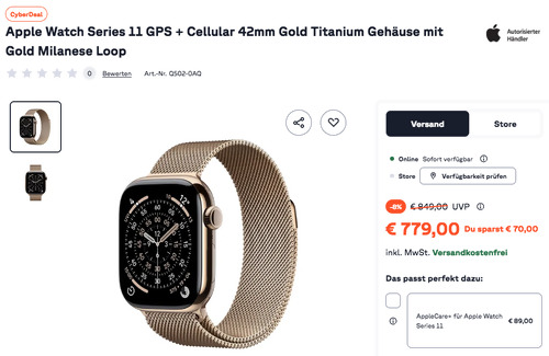 Apple MF8Y4ZR/A Watch Series 11 GPS + Cellular 42mm Gold Titanium Gehäuse mit Gold Milanese Loop Apple MF8Y4ZR/A Watch Series 11 GPS + Cellular 42mm Gold Titanium Gehäuse mit Gold Milanese Loop