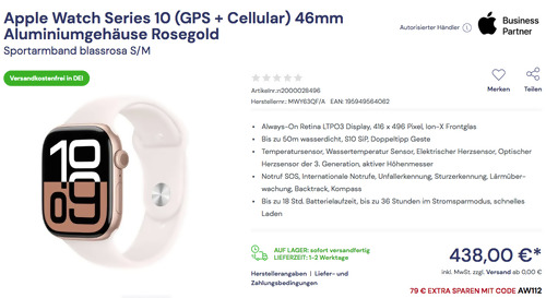 Apple Watch Series 10 (GPS + Cellular) 46mm Aluminiumgehäuse Rosegold mit Sportarmband blassrosa S/M Apple Watch Series 10 (GPS + Cellular) 46mm Aluminiumgehäuse Rosegold mit Sportarmband blassrosa S/M