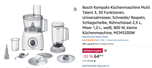 Bosch MultiTalent 3 MCM3200W Kompakt-Küchenmaschine, 30 Funktionen