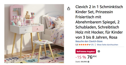 Clevich 2 in 1 Schminktisch Kinder Set "Prinzessin Frisiertisch" in Rosa