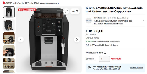 Ebay - 10% Rabatt auf Technik: z.B. KRUPS EA910A SENSATION Kaffeevollautomat Ebay - 10% Rabatt auf Technik: z.B. KRUPS EA910A SENSATION Kaffeevollautomat