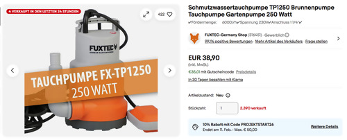 FUXTEC FX-TP1250 Schmutzwassertauchpumpe, 6000l/h