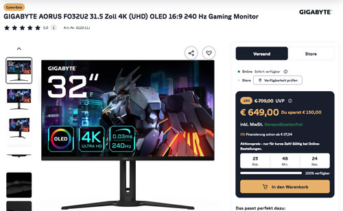 GIGABYTE AORUS FO32U2 31.5 Zoll 4K (UHD) OLED 16:9 240 Hz Gaming Monitor GIGABYTE AORUS FO32U2 31.5 Zoll 4K (UHD) OLED 16:9 240 Hz Gaming Monitor