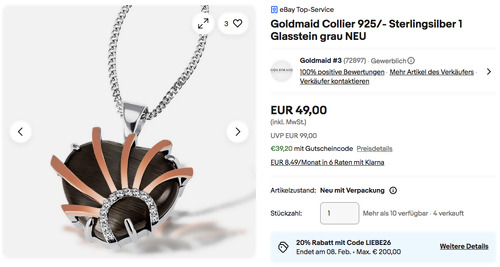 Goldmaid Collier 925/- Sterlingsilber 1 Glasstein grau, 925/- Sterling Silber