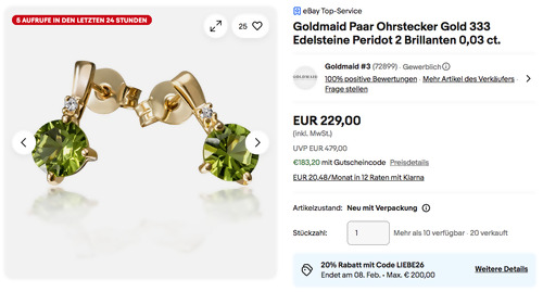 Goldmaid Paar Ohrstecker Gold 333 Edelsteine Peridot 2 Brillanten 0,03 ct.