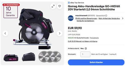 Gomag 20V Akku-Handkreissäge GO-HKS165 mit Starterkit 2,0