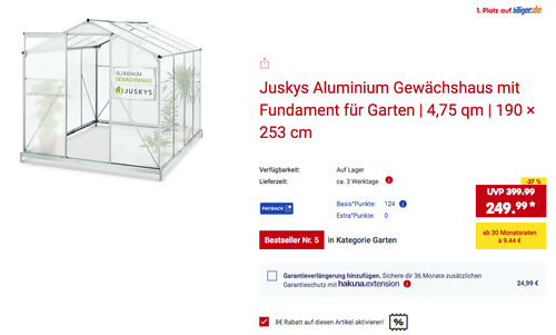 Juskys 4,75 qm Aluminium Gewächshaus mit Fundament