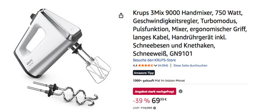 Krups 3Mix 9000 Handmixer GN9101 in Schneeweiß, 750 Watt