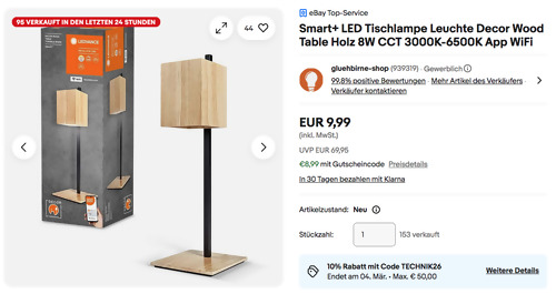 Ledvance Smart+ LED Tischleuchte "Decor Wood" (8W, 650lm, 458 mm hoch) Ledvance Smart+ LED Tischleuchte "Decor Wood" (8W, 650lm, 458 mm hoch)