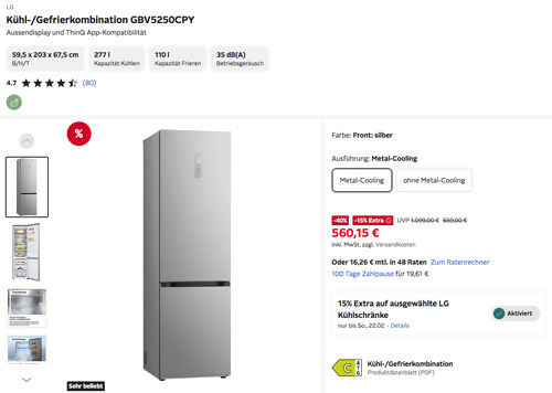 LG Kühl-/Gefrierkombination GBV5250CPY Metal-Cooling in Silber (203 cm, 387 Liter)