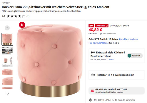 Otto.de - 20% Rabatt auf viele Küchen & Esszimmermöbel: z.B. KAYOOM Hocker Piano 225 in Rosa