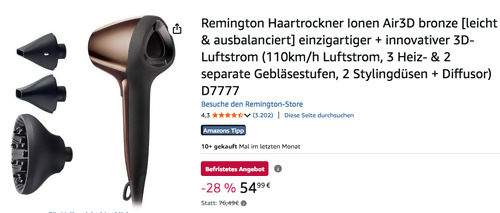 Remington D7777 Air3D Ionen Haartrockner mit 2 Stylingdüsen + Diffusor