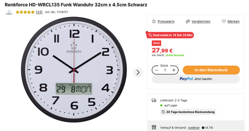 Renkforce HD-WRCL135 Funk Wanduhr 32cm