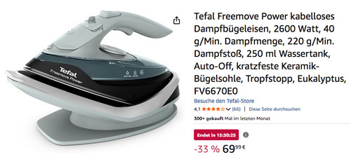 Tefal FV6670E0 Freemove Power kabelloses Dampfbügeleisen, 2600 Watt
