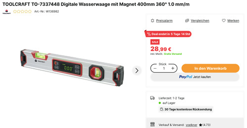 TOOLCRAFT TO-7337448 Digitale Wasserwaage mit Magnet 400mm