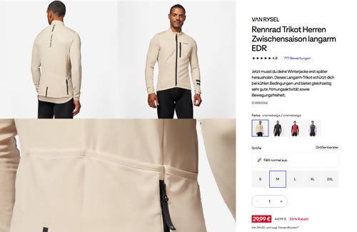 VAN RYSEL Rennrad Trikot Herren Zwischensaison EDR in Cremebeige oder Rauchschwarz, S - 2XL VAN RYSEL Rennrad Trikot Herren Zwischensaison EDR in Cremebeige oder Rauchschwarz, S - 2XL