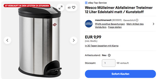 Wesco 107214-47 12 Liter Treteimer/Mülleimer in Edelstahl matt Wesco 107214-47 12 Liter Treteimer/Mülleimer in Edelstahl matt