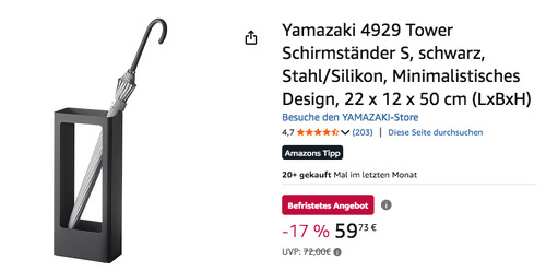 Yamazaki 4929 Tower Schirmständer in Schwarz, 22 x 12 x 50 cm