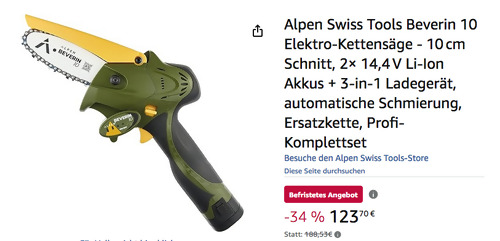 Alpen Swiss Tools Beverin 10 Elektro-Kettensäge mit 2 Li-Ionen-Akkus