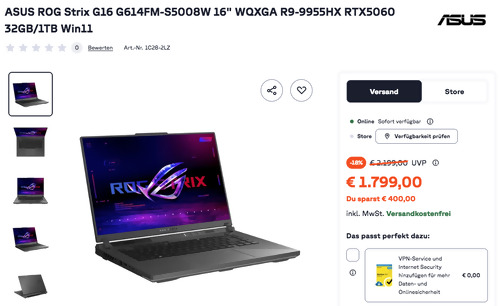 ASUS ROG Strix G16 G614FM-S5008W 16" Gaming Laptop (WQXGA R9-9955HX RTX5060 32GB/1TB Win11)