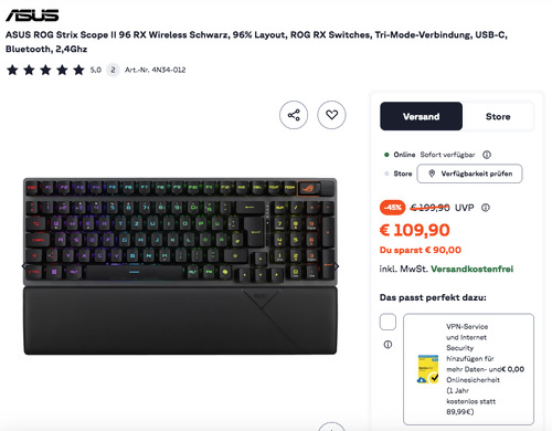 ASUS ROG Strix Scope II 96 RX Wireless Gaming-Tastatur in Schwarz