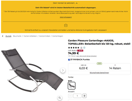 Baur.de - 15% Rabatt auf Garten & Balkon-Artikel: z.B. Garden Pleasure Gartenliege "NAXOS" in Grau