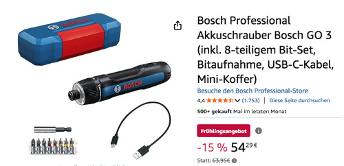 Bosch Professional Akkuschrauber Bosch GO 3 inkl. 8-teiligem Bit-Set