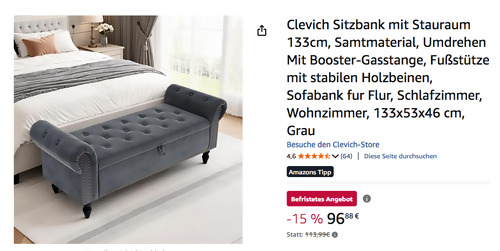 Clevich 133x53x46 cm Sitzbank mit Stauraum in Grau