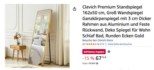 Clevich 162x50 cm Premium Standspiegel mit Runden Ecken Gold