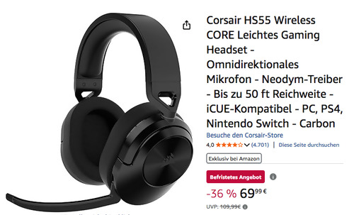 Corsair HS55 Wireless CORE Gaming Headset in Schwarz