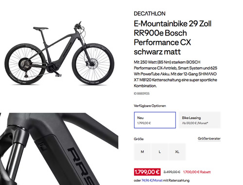 DECATHLON E-Mountainbike 29 Zoll RR900e Bosch Performance CX schwarz matt