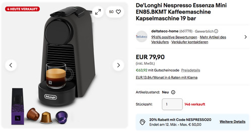 De'Longhi Nespresso Essenza Mini EN85.BKMT Kaffeemaschine Kapselmaschine in Mattschwarz