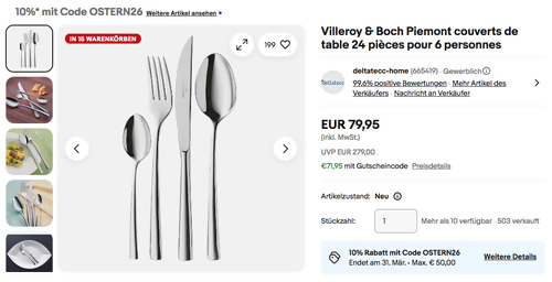 Ebay - bis zu 20%-Gutschein zu Ostern: z.B. Villeroy & Boch Piemont Tafelbesteck 24tlg.