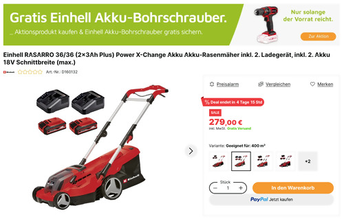 Einhell RASARRO 36/36 (2x3Ah Plus) Akku-Rasenmäher inkl. Einhell Akku-Bohrschrauber TC-CD 18/35 Li-Solo