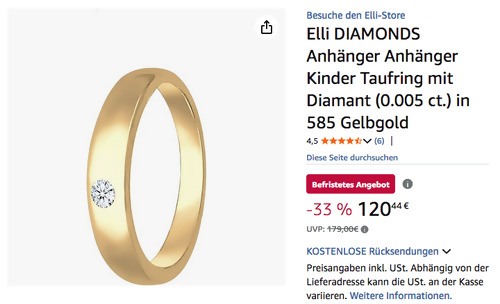 Elli DIAMONDS Anhänger Kinder Taufring mit Diamant (0.005 ct.) in 585 Gelbgold