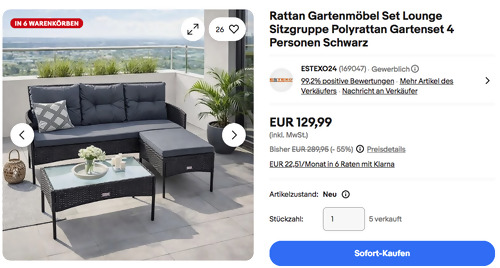 ESTEXO 4 Personen Polyrattan Sitzgruppe Lounge Set in Schwarz