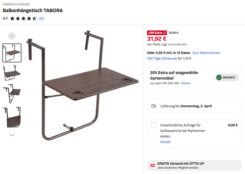 GARDEN PLEASURE Balkonhängetisch TABORA, klappbar