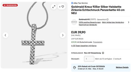 Goldmaid Kreuz 925er Silber Halskette 45 cm