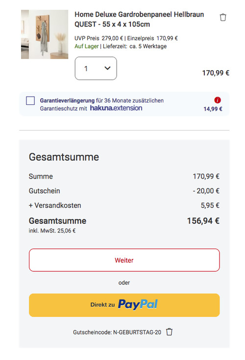 Home Deluxe Gardrobenpaneel QUEST in Hellbraun, 55 x 4 x 105 cm