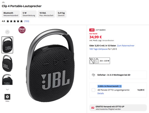 JBL Clip 4 Bluetooth Portable-Lautsprecher in Schwarz