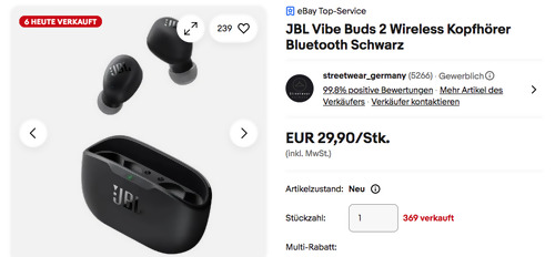 JBL Vibe Buds 2 Bluetooth In-Ear-Kopfhörer in Schwarz