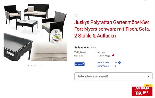 Juskys 4-tlg. Polyrattan Gartenmöbel-Set "Fort Myers" in Schwarz/Cremeweiß