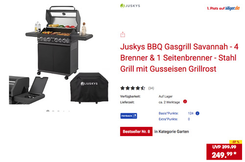 Juskys BBQ Gasgrill Savannah (4 Brenner & 1 Seitenbrenner, 14,5 kW Gesamtleistung) Juskys BBQ Gasgrill Savannah (4 Brenner & 1 Seitenbrenner, 14,5 kW Gesamtleistung)