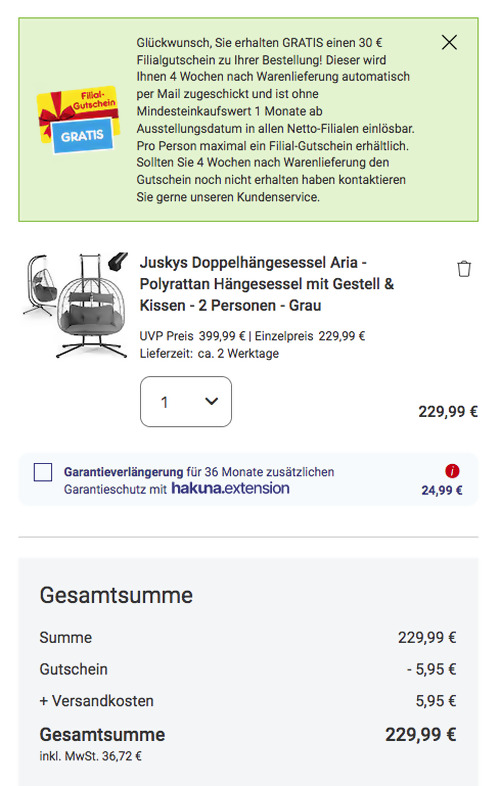 Juskys Doppelhängesessel Aria in Grau inkl. 30 Netto Marken-Discount Filialgutschein