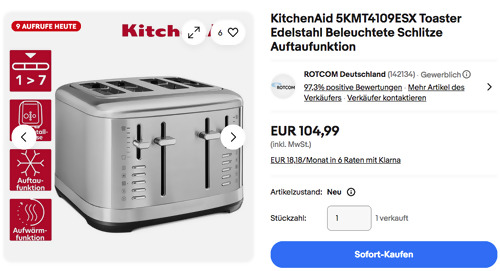 KitchenAid 5KMT4109ESX 4-Scheiben Edelstahl Toaster