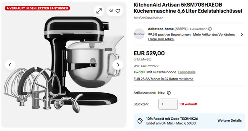 KitchenAid Artisan 5KSM70SHXEOB Küchenmaschine mit 6,6 Liter Edelstahlschüssel