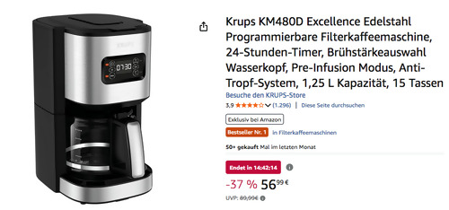 Krups KM480D Excellence Filterkaffeemaschine (24-Stunden-Timer, 1,25 L)