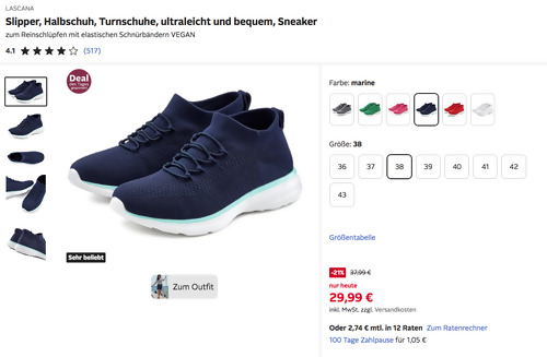 LASCANA Damen Sneaker zum Reinschlüpfen, versch. Farben und Größen