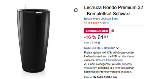 Lechuza Rondo Premium 32 Pflanzgefäß Komplettset in Schwarz Hochglanz, Ø 32,5 x 56,5 cm
