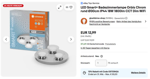Ledvance LED Smart+ Badezimmerleuchte Orbis Chrom rund Ø30cm